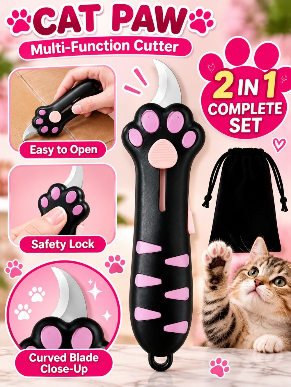 Cute Cat Paw Retractable Box Cutter With Black Pouch